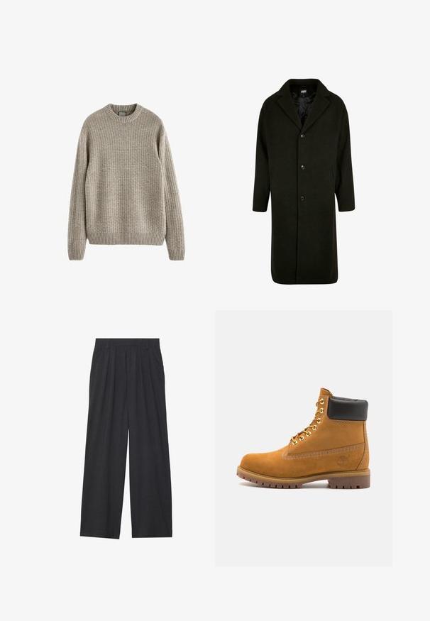 Tummanvihreä takki, joka on valmistettu paksusta kankaasta, varustettu lovitetulla kauluksella, neljällä etunapilla ja sivutaskuilla. Keskipitkä suora leikkaus.; Beige ribbed sweater with a round neckline, long sleeves, and a textured knit pattern. Features a ribbed hem and cuffs.; Suorat lahkeet valmistettu tummanharmaasta kankaasta. Ominaisuuksiin kuuluu laskokset vyötäröllä, muotoilu on siisti ja siluetti suora.; Valkoinen nahkainen nilkkuri mustalla pehmustetulla kauluksella, kultaisilla metallisilla rei'illä, valkoisella ompeluksella ja jykevällä kumipohjalla, jossa on selvästi näkyvät urat.