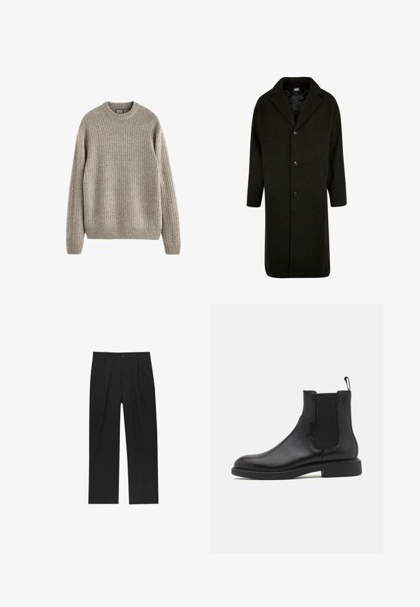 Dunkelgrüner Mantel aus dickem Stoff, mit einem geknöpften Kragen, vier Frontalknöpfen und seitlichen Taschen. Mittellang mit geradem Schnitt.; Beige gerippter Pullover mit rundem Ausschnitt, langen Ärmeln und einem strukturierten Strickmuster. Verfügt über einen gerippten Saum und Bündchen.; Schwarze Hose mit geradem Schnitt, aus einem glatten Stoff gefertigt. Verfügt über Vorderfalten und einen einzelnen Knopfverschluss an der Taille.; Schwarze Leder-Ankle-Boots mit glatter Textur, elastischen Seitenpaneelen und einer Zuglasche. Runde Zehenpartie und flache Gummisohle mit minimalem Profil.