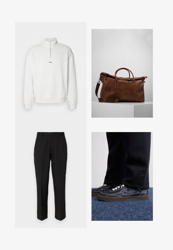 Sötétzöld, vastag anyagú kabát, kivágott gallérral, négy elülső gombbal és oldalsó zsebekkel. Középhosszú, egyenes szabású.; HUGO DURTY - Melegítőfelső - natural; Fekete nadrág sima anyagból, egyenes lábformával, elülső zsebekkel, egygombos záródással és látható minták nélkül.; Nike Sportswear KILLSHOT 2 LTR PRM OPP2 - Sportcipő - black sail baroque brown mtlc dk grey; Barna bőr sporttáska cipzáras záródással, dupla fogantyúval, állítható vállpánttal és látható textúrákkal a felületen.