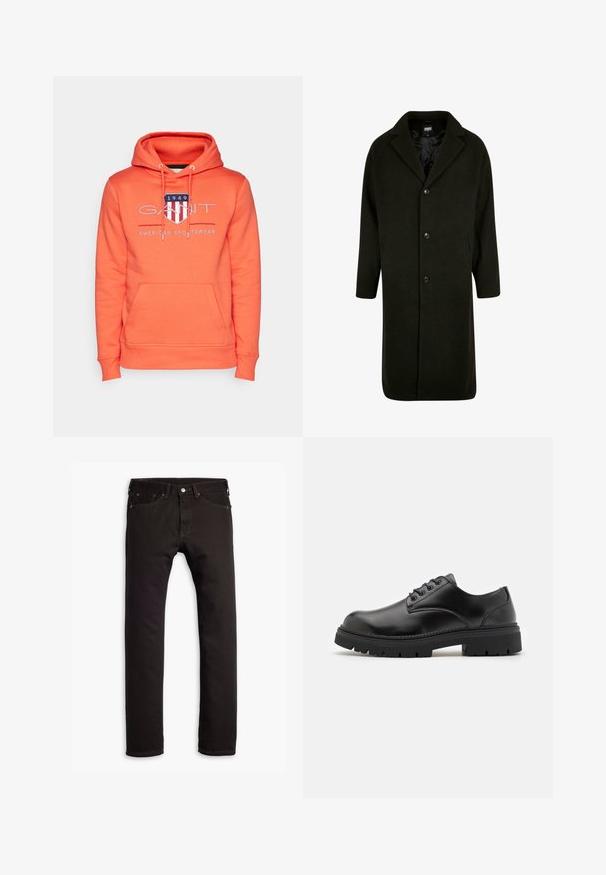 Dark green coat in a mid-length design, featuring a notched collar, four buttons, and side pockets; made of a soft, textured fabric.; GANT ARCHIVE SHIELD - Hoodie - orange; Black slim-fit jeans with five pockets and button closure, displayed flat on a white background.; Black leather shoes with a rounded toe, lace-up design, and a thick, textured rubber sole. Features stitching along the edge and a smooth finish.