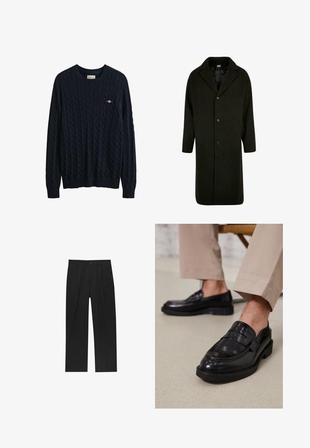 Tummanvihreä keskipitkä takki, jossa on lovikaulus, neljä nappia ja sivutaskut; valmistettu pehmeästä, teksturoidusta kankaasta.; Laivastonsininen palmikkoneulepusero, jossa resorinen pääntie ja helma sekä pieni logo rinnassa. Valmistettu teksturoidusta, pehmeästä materiaalista.; Mustat housut suoranlahkeisella muotoilulla, valmistettu sileästä kankaasta. Ominaisuuksiin kuuluu etupleateet ja yksi nappikiinnitys vyötäröllä.; Musta nahkakengät, joissa on sileä pinta, koristetasku ja kontrastisomistus, yhdistettynä vaaleanbeigeihin housuihin.