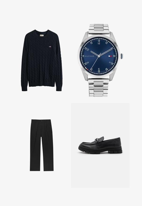 Palton verde închis cu design de lungime medie, cu rever decupat, patru nasturi și buzunare laterale; confecționat dintr-un material moale, texturat.; Pulover bleumarin din tricot cu model împletit și guler și tiv striați, având un logo mic pe piept. Confecționat dintr-un material texturat și moale.; Pantaloni negri cu un design drept, fabricați dintr-un material neted. Au plisse în față și un sistem de închidere cu un singur buton la talie.; Mocasini din piele neagră cu vârful rotund, o curea decorativă și accesorii metalice, și o talpă chunky texturată. Finisaj neted cu detalii subtile.; Ceas metalic argintiu cu un cadran albastru periat, marcaje albe pentru ore și o afișare a datei. Dispune de o curea metalică legată și logo-ul mărcii.