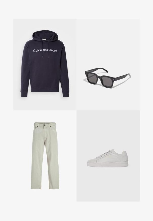 Tumši zaļš mētelis, izgatavots no bieza auduma, ar iedurtu apkakli, četriem priekšējiem pogām un sānu kabatām. Vidēja garuma ar taisnu griezumu.; Tumši zila kapuce, kas izgatavota no kokvilnas maisījuma, ar priekšējo kangaroo kabatu, auklu kapuci un baltu uzrakstu: "Calvin Klein Jeans".; Balts kokvilnas T-kreklis ar īsām piedurknēm, apaļu kaklu un brīvu piegriezumu. Iekļauts neliels sānu zīmola aplis. Gluda tekstūra.; Gai krēmkrāsas džinsu bikses ar taisnu kāju dizainu, piecām kabatām un pogu aizdari viduklī, ar minimālām šuvju detaļām.; Gaiši pelēki ādas sporta apavi ar gludu tekstūru, noapaļota purngalu, platu gumijas zoli un toņos saderīgiem šņorēm. Satur minimālu zīmolu apzīmējumu zeltainā krāsā.; Melnas taisnstūra saulesbrilles ar tumšiem stikliem, kuras iezīmē bieza rāmja konstrukcija, diskrēti akcenti sānos, un nav redzamu logo ārpus zīmola nosaukuma.