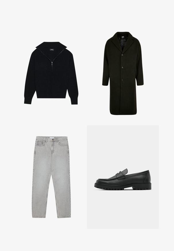 Tume roheline jakk, mis on valmistatud paksust kangast, millel on soonikkrae, neli esist nuppu ja küljetaskud. Keskmise pikkusega ja otse lõigatud.; Mustru mustreeritud must kootud kõrge kaelusega pullover, millel on poole pikendusega tõmblukk ja ribakujuline tekstuur. Veidi lühendatud disain pikkade varrukatega.; Heledad hallide denimpüksid otse säärekujundusega, viie-taskulise stiliseerimise ja nupukinnitusega. Nähtav õmblus kõrvuti.; Mustad musta nahast loafers, millel on ümar varvas, tikandiga disain, madal platvorm-soon ja tekstureeritud, soonikkummist välistald.