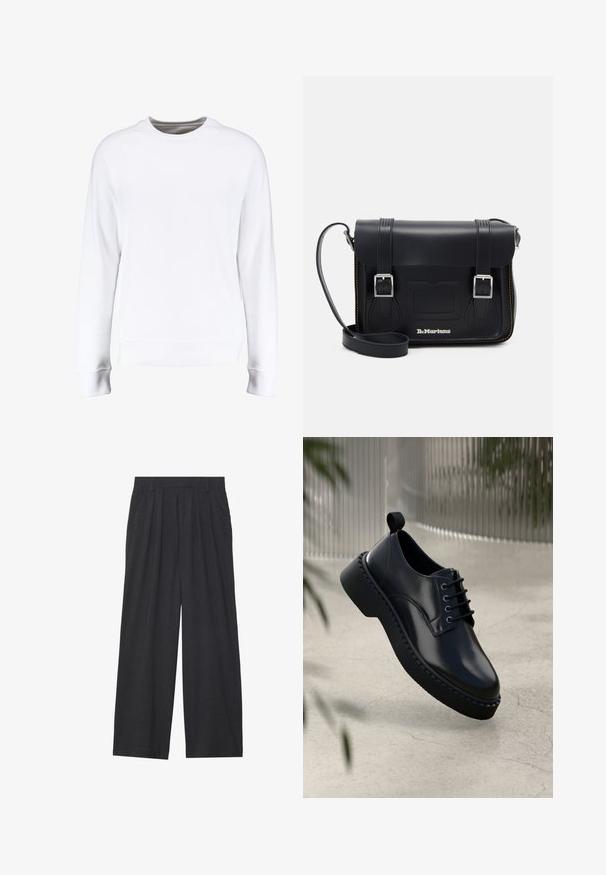 Cappotto verde scuro realizzato in tessuto spesso, con colletto a risvolto, quattro bottoni frontali e tasche laterali. Di lunghezza media con taglio dritto.; Felpa bianca con maniche lunghe raglan, scollatura rotonda, polsini e orlo a coste, caratterizzata da una texture liscia e un design minimalista.; Pantaloni a gamba larga realizzati in tessuto grigio scuro. Presentano pences in vita, un design sartoriale e una silhouette dritta.; Scarpa in pelle nera con punta arrotondata, design con lacci e suola in gomma spessa con bordo testurizzato. Finitura elegante e hardware minimale.; Borsa a tracolla nera in pelle con fibbie argento, cuciture gialle, tracolla regolabile e tasca frontale. Logo del marchio visibile sulla parte anteriore.