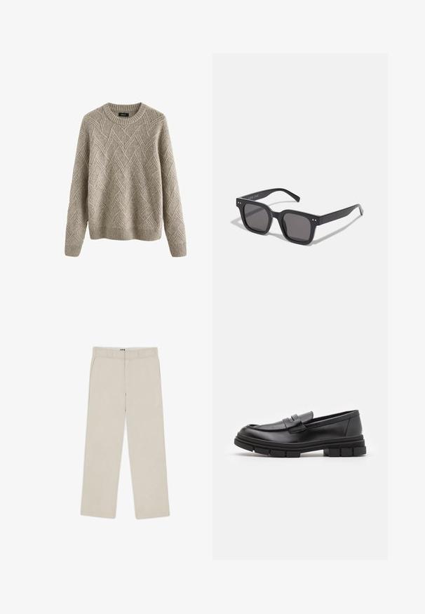 Temno zeleni plašč iz debele tkanine, z nazobčanim ovratnikom, štirimi sprednjimi gumbi in stranskimi žepi. Srednje dolžine z ravnim rezom.; Svetlo bež pleteni pulover z teksturiranim rombom, okroglo ovratnikom ter rebrastimi manšeti in robom.; Bež hlače širokih nogavic z gladko teksturo, ki imajo zanko za pas, dve sprednji žepu in zadrgo. Minimalističen dizajn.; Črne usnjene loafersice z gladkim zaključkom, ki imajo sprednji trak in debel gumijast podplat z utori.; Črne pravokotne sončne očala s temnimi lečami, ki imajo debel okvir, subtilne poudarke na straneh in nobenih vidnih logotipov razen imena blagovne znamke.; Kovinski kvarčni ura s črnim številčnicam, belimi številkami in prikazom datuma. Ima jekleno zapestnico in vodoodpornost do 100 m.