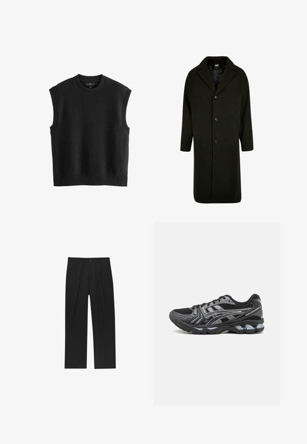 Donkergroene jas in een midilange uitvoering, met een reverskraag, vier knopen en zijzakken; gemaakt van een zachte, getextureerde stof.; Zwart mouwloos heren sweater, gebreide textuur, ronde ribgebreide halslijn en armsgaten, ribgebreide onderrand, relaxed fit met minimale details.; Zwarte broeken met een recht model, gemaakt van een gladde stof. Voorzien van een voorplooien en een enkele knoopsluiting bij de taille.; Zwarte sportschoen met een bovenwerk van mesh, zilveren accenten en een gevoerde zool. Beschikt over een vetersluiting en een gestructureerde loopzool voor grip.