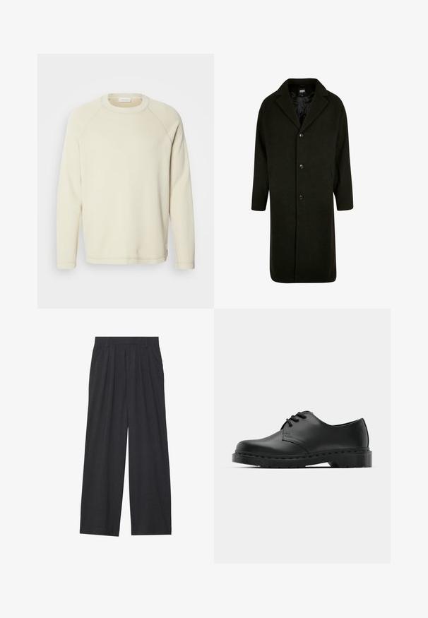 Cappotto verde scuro realizzato in tessuto spesso, con colletto a risvolto, quattro bottoni frontali e tasche laterali. Di lunghezza media con taglio dritto.; Felpa a maniche lunghe color beige chiaro con texture a coste, colletto rotondo e maniche raglan. Dettagli di cucitura sottile lungo le cuciture.; Pantaloni a gamba larga realizzati in tessuto grigio scuro. Presentano pences in vita, un design sartoriale e una silhouette dritta.; Scarpa oxford in pelle nera con design con lacci, punta arrotondata, suola piatta in gomma e dettagli di cucitura discreti lungo la parte superiore.