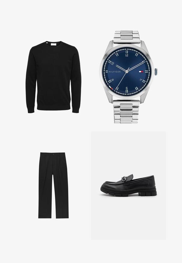 Ciemnozielony płaszcz o średniej długości, z wyciętym kołnierzem, czterema guzikami i bocznymi kieszeniami; wykonany z miękkiej, fakturowanej tkaniny.; Czarny sweter dzianinowy, okrągły dekolt, długie rękawy, ribbowe mankiety i dół. Prosty design, gładka tekstura, brak widocznych wzorów lub akcentów.; Czarne spodnie o prostym kroju, wykonane z gładkiego materiału. Posiadają zakładki z przodu i pojedyncze zapięcie na guziki w pasie.; Czarne skórzane półbuty z okrągłym noskiem, dekoracyjnym paskiem i elementami metalowymi oraz grubą, fakturowaną podeszwą. Gładkie wykończenie z subtelnymi detalami.; Srebrny zegarek metalowy z satynową niebieską tarczą, białymi znacznikami godzin oraz wyświetlaczem daty. Posiada ogniwowy metalowy pasek i logo marki.