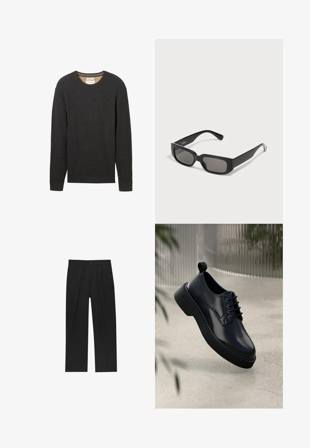 Tmavozelený kabát vyrobený z hrubej tkaniny, s klopovým golierom, štyrmi prednými gombíkmi a bočnými vreckami. Strednej dĺžky s rovnými líniami.; Čierny rebrovaný sveter s okrúhlym výstrihom a dlhými rukávmi. Textúrovaná tkanina a viditeľná etiketa na výstrihu.; Balíček piatich čiernych tričiek s okrúhlym výstrihom. Krátke rukávy, bavlnený materiál, štandardný strih. Hladká textúra bez viditeľných vzorov alebo ozdôb.; Čierne nohavice s rovnými nohavicami, vyrobené z hladkej tkaniny. Majú predné puky a jediné gombíkové zapínanie v páse.; Čierna kožená topánka s okrúhlym špičkou, šnurovací dizajn a hrubou gumovou podrážkou s textúrovaným okrajom. Elegantný povrch a minimálne kovanie.; Čierne obdĺžnikové slnečné okuliare so šedými sklami, vyrobené z hladkého plastu. Majú minimalistický dizajn s rovnými ramenami a decentným brandingom.; Čierna kožená messenger taška so striebornými prackami, žltým prešívaním, nastaviteľným popruhom a prednou kapsou. Značkové logo vystavené vpredu.
