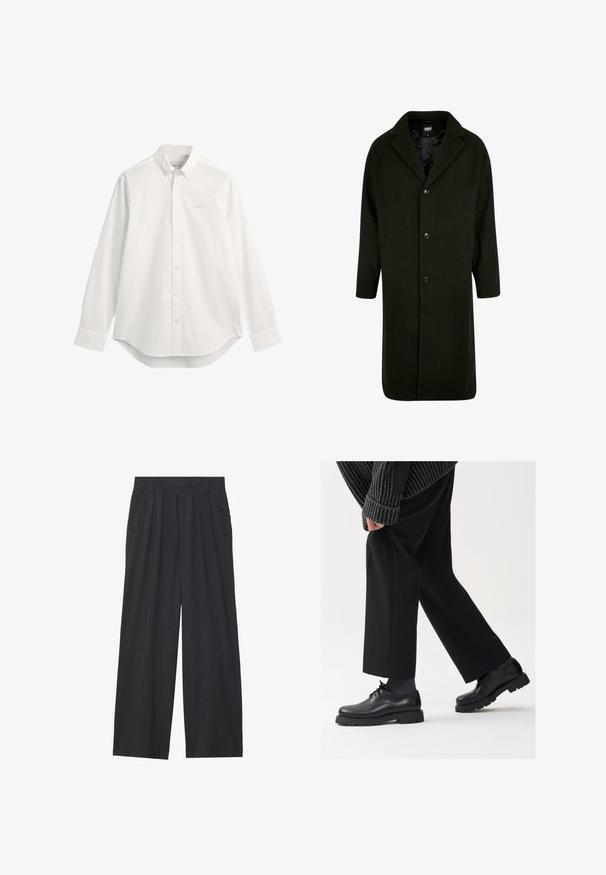Dunkelgrüner Mantel in Midilänge mit Reverskragen, vier Knöpfen und seitlichen Taschen; gefertigt aus einem weichen, strukturierten Stoff.; Weißes Baumwollhemd mit langen Ärmeln, Knopfleiste und klassischem Kragen, abgerundetem Saum und kleinem besticktem Logo auf der Brust. Mit Knopfverschluss.; Weit geschnittene Hosen aus dunkelgrauem Stoff. Merkmale sind Falten an der Taille, ein maßgeschneiderter Schnitt und eine gerade Silhouette.; Schwarze Lederschuhe mit einer runden Spitze, Schnürdesign und dicker, strukturierter Sohle. Getragen mit maßgeschneiderten schwarzen Hosen und einem gerippten Pullover.