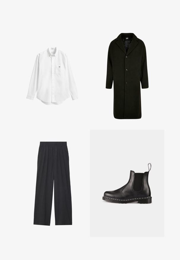 Cappotto verde scuro in design di lunghezza media, con colletto a bavero, quattro bottoni e tasche laterali; realizzato in un tessuto morbido e strutturato.; Camicia bianca con bottoni, maniche lunghe, tessuto morbido in cotone, orlo curvo, tasca singola sul petto, piccolo logo sulla tasca, design con colletto standard.; Pantaloni a gamba larga realizzati in tessuto grigio scuro. Presentano pences in vita, un design sartoriale e una silhouette dritta.; Stivale Chelsea in pelle nera con pannelli laterali elasticizzati, punta arrotondata, fascia per il richiamo, cuciture bianche sulla suola e suola in gomma texturizzata.
