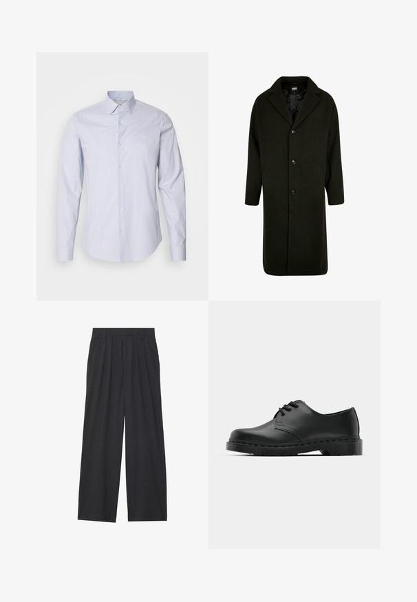 Dunkelgrüner Mantel in Midilänge mit Reverskragen, vier Knöpfen und seitlichen Taschen; gefertigt aus einem weichen, strukturierten Stoff.; Helles blaues Langarm-Hemd mit feinen weißen vertikalen Streifen, klassischem Kragen und Knopfverschluss mit Manschettendetails.; Weit geschnittene Hosen aus dunkelgrauem Stoff. Merkmale sind Falten an der Taille, ein maßgeschneiderter Schnitt und eine gerade Silhouette.; Schwarze Leder-Oxford-Schuhe mit Schnürdesign, runder Zehenform, flacher Gummisohle und subtilen Nähten entlang des oberen Teils.