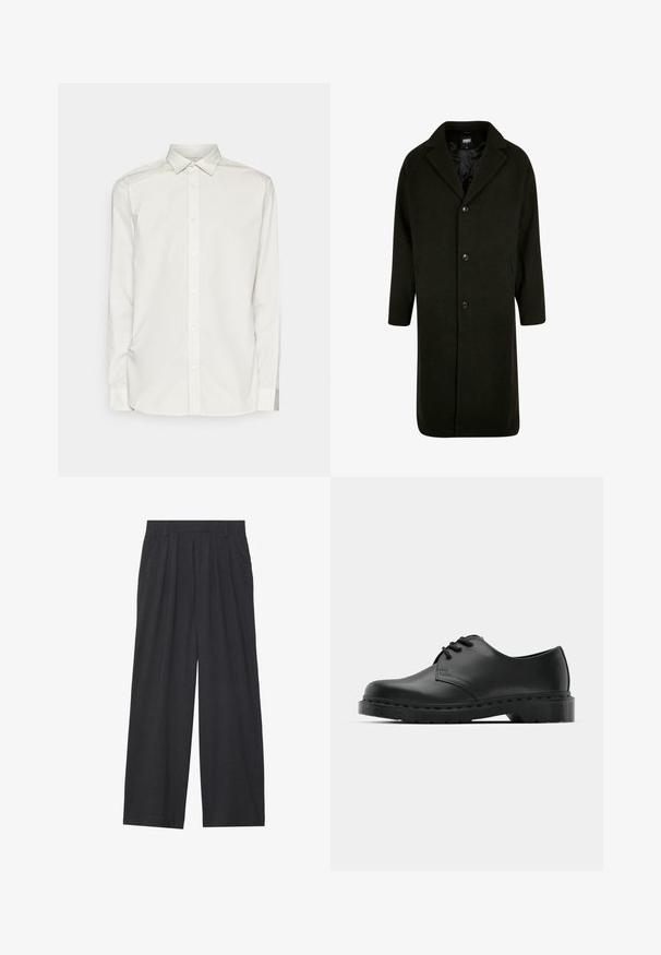 Sötétzöld, vastag anyagú kabát, kivágott gallérral, négy elülső gombbal és oldalsó zsebekkel. Középhosszú, egyenes szabású.; Jack & Jones JJJOE PRINT SHIRT - Alkalmi ing - crockery; Sötétszürke anyagból készült, bő szárú nadrág. Ráncokkal a deréknál, elegáns fazonnal és egyenes sziluettel rendelkezik.; Fekete bőr oxford cipő fűzős kialakítással, kerek orral, lapos gumitalppal és finom varrással a felső részen.