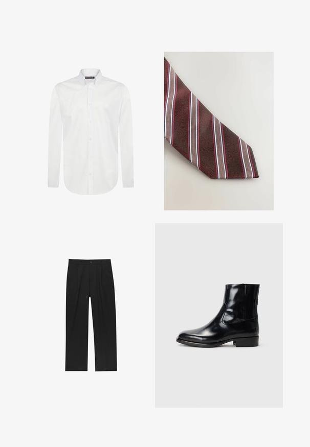 Mörkgrön kappa i tjockt tyg, med slitskragen, fyra framknappar och sidfickor. Medellång med rak skärning.; Vit långärmad skjorta i mjuk bomull med knäppbar krage, framknäppning och en liten broderad logotyp på bröstet.; Svarta byxor med rak ben-design, tillverkade av ett jämnt tyg. Har framfickor och en enkel knapplåsning i midjan.; Svarta läderskor som går upp till ankeln, med en glansig finish, slimmad design och rund tå. Utformade med elastiska sidopaneler och en låg blockklack.; Next STRIPE - Slips - red
