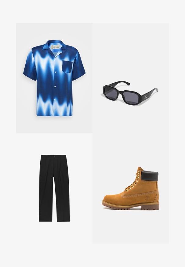 Temno zeleni plašč iz debele tkanine, z nazobčanim ovratnikom, štirimi sprednjimi gumbi in stranskimi žepi. Srednje dolžine z ravnim rezom.; Kratke rukave, srajca na gumbe v gradientni modri barvi z belimi valovi. Ima žep na prsih in gladek, sijoč material.; Črne hlače z ravnim krojem, narejene iz gladkega materiala. Imajo sprednje gube in enojno zaponko na pasu.; Svetlo rjave anklne čizme iz semiša z črnim oblazinjenim ovratnikom, zlatimi kovinskimi očesci, belimi šivi in robustnim gumijastim podplatom s izrazitimi tredi.; Črne sončne očala z ovalnim okvirjem, temnimi lečami, sijočim plastičnim materialom in srebrnim logotipom na eni strani.