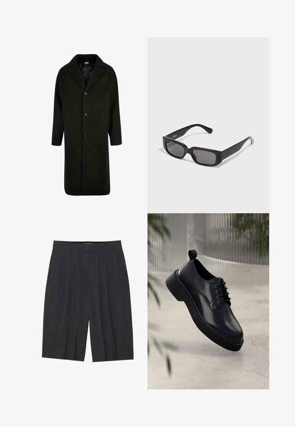 Cappotto verde scuro realizzato in tessuto spesso, con colletto a risvolto, quattro bottoni frontali e tasche laterali. Di lunghezza media con taglio dritto.; Confezione di cinque t-shirts nere a girocollo. Maniche corte, materiale in cotone, vestibilità standard. Texture liscia senza motivi o abbellimenti visibili.; Pantaloni corti plissettati di colore grigio scuro realizzati in tessuto testurizzato, dotati di una cintura e di un taglio dritto, senza tasche o dettagli visibili.; Scarpa in pelle nera con punta arrotondata, design con lacci e suola in gomma spessa con bordo testurizzato. Finitura elegante e hardware minimale.; Occhiali da sole rettangolari neri con lenti grigie, realizzati in plastica liscia. Presentano un design minimalista con steli dritti e un branding discreto.; Borsa a tracolla nera in pelle con fibbie argento, cuciture gialle, tracolla regolabile e tasca frontale. Logo del marchio visibile sulla parte anteriore.