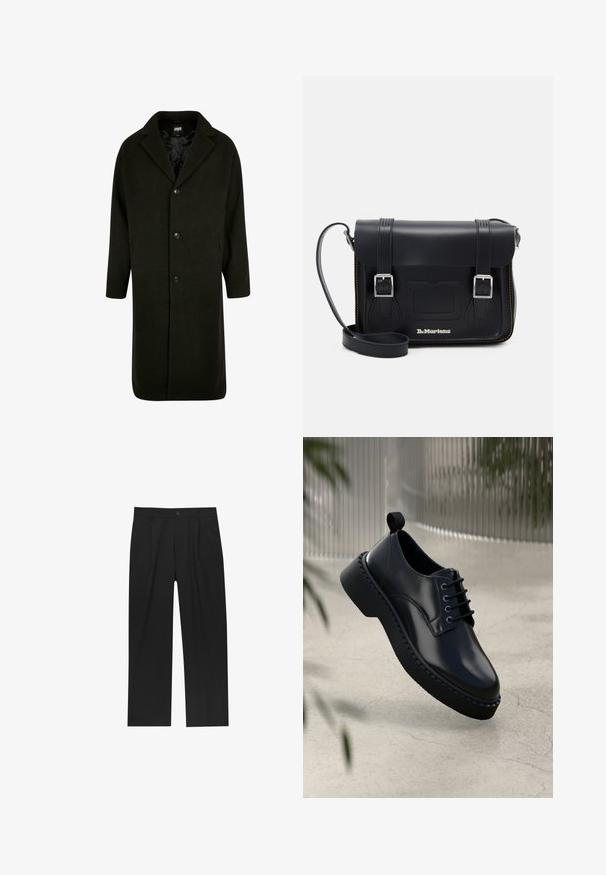 Palton verde închis confecționat dintr-un material gros, având un guler cu decupaj, patru butoane în față și buzunare laterale. De lungime medie, cu o croială dreaptă.; Pachet de cinci tricouri negre cu guler rotund. Mâneci scurte, material din bumbac, croială standard. Textură netedă fără modele sau embellishments vizibile.; Pantaloni negri cu un design drept, fabricați dintr-un material neted. Au plisse în față și un sistem de închidere cu un singur buton la talie.; Pantof cu toc rotund din piele neagră, cu sistem de împletire, și o talpă groasă din cauciuc cu margine texturată. Finisaj elegant și hardware minim.; Geantă de umăr din piele neagră, cu catarame argintii, cusături galbene, curea ajustabilă și un buzunar frontal. Logo-ul mărcii este afișat pe partea din față.