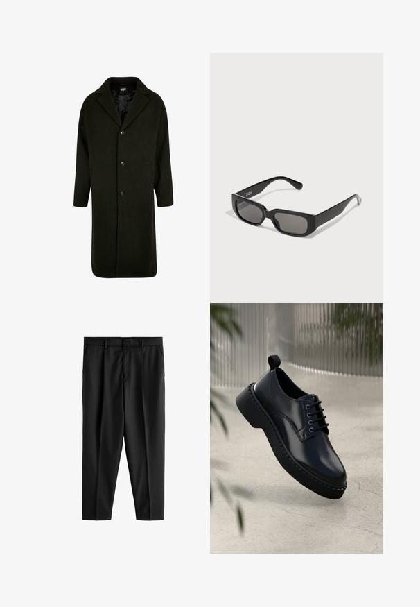 Dunkelgrüner Mantel aus dickem Stoff, mit einem geknöpften Kragen, vier Frontalknöpfen und seitlichen Taschen. Mittellang mit geradem Schnitt.; Pack von fünf schwarzen Rundhals-T-Shirts. Kurze Ärmel, Baumwollmaterial, normale Passform. Glatte Textur ohne sichtbare Muster oder Verzierungen.; Next REGULAR FIT - Anzughose - black; Schwarzer Lederschuh mit runder Spitze, Schnürdesign und einer dicken Gummisohle mit strukturiertem Rand. Schlanke Oberfläche und minimale Beschläge.; Schwarze rechteckige Sonnenbrille mit graugläsern, aus glattem Kunststoff. Verfügt über ein minimalistisches Design mit geraden Bügeln und subtiler Markenkennzeichnung.; Schwarze Leder-Umhängetasche mit silbernen Schnallen, gelben Nähten, verstellbarem Trageriemen und einer Fronttasche. Markenlogo auf der Vorderseite angezeigt.