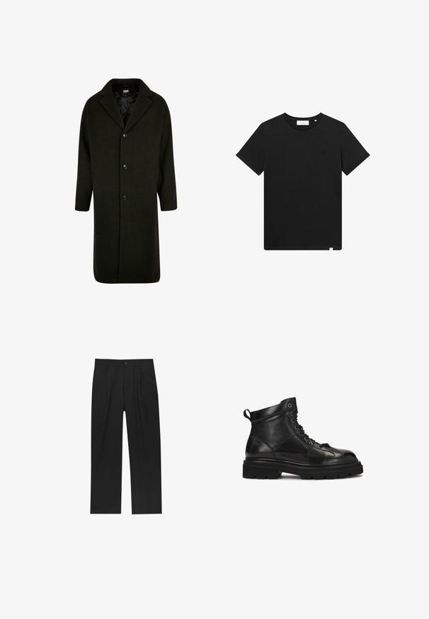 Cappotto verde scuro in design di lunghezza media, con colletto a bavero, quattro bottoni e tasche laterali; realizzato in un tessuto morbido e strutturato.; T-shirt nera a maniche corte in cotone, con scollatura rotonda e un piccolo logo ricamato sul petto. Tessuto liscio, vestibilità standard.; Pantaloni neri con un design a gamba dritta, realizzati in un tessuto liscio. Presentano pieghe frontali e una chiusura a un bottone in vita.; Stivaletti neri in pelle con finitura testurizzata, design con lacci, punta rotonda e suola in gomma spessa con scanalature profonde.