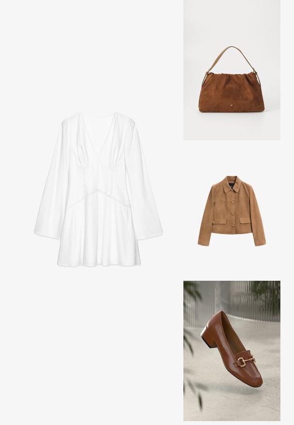 Braune Wildleder-Cropped-Jacke mit langen Ärmeln, Kragen, drei stoffbedeckten Frontknöpfen und zwei Klapptaschen.; Weiße Langarmbluse mit V-Ausschnitt, Raffungen an den Schultern, Spitzenbesätzen und lockerer Passform, aus leichtem Stoff gefertigt.; Braune Lackleder-Loafer mit quadratischer Zehenpartie, metallischem Kettenakzent und niedrigem Blockabsatz; glatte Textur, minimalistisches Design.; Braune Wildlederhandtasche mit einem gerafften Design, ausgestattet mit einem einzelnen hellbraunen Ledertragegurt und einem subtilen goldenen Logo-Detail auf der Vorderseite.