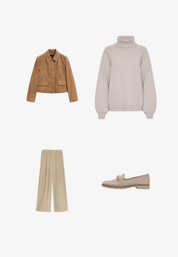 Brun ruskindsjakke med cropped længde, lange ærmer, krave, tre frontknapper dækket med stof og to klaplommer.; Lys beige højhalset sweater lavet af blødt strikket stof. Har raglanærmer og ribbede manchetter, med en afslappet pasform og minimal detaljer.; Beige bukser med vid benvidde og en glat tekstur, udstyret med to sidelommer og en flad front linning, designet til en afslappet pasform.; Beige læder loafers med en syet søm og dekorativ knude på vristen. Har en struktureret gummisål for greb og let polstring.