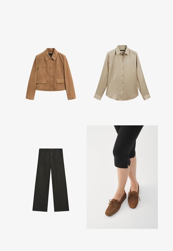 Brun ruskindsjakke med cropped længde, lange ærmer, krave, tre frontknapper dækket med stof og to klaplommer.; Beige langærmet skjorte med knapper, klassisk krave og manchetter, glat stof og let buet søm.; Videbenede sorte denim bukser med en mid-rise talje, to forlommer og et rent, minimalistisk design uden synlige dekorationer.; Brune ruskinds loafers med rund tå, snøre detaljer og lav profil. Båret med sorte cropped leggings mod en hvid baggrund.