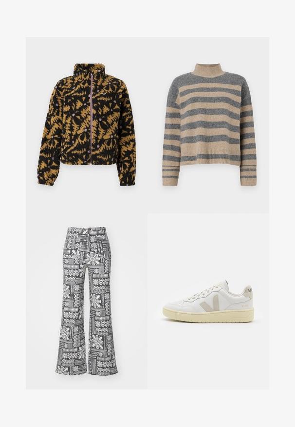 Fleece-takki musta, ruskea ja laventeli abstraktilla kukkakuviolla, täysi etuvetoketju ja korkea kaulus.; Raidallisen neulepaidan harmaan ja beigen sävyiset värit, korkea kaulus, leveät hihansuut ja rento istuvuus lyhyellä leikkauksella.; Mustat ja valkoiset levenevät housut, joissa on geometrinen kukkakuosi. Valmistettu kevyestä kankaasta, jolla on sileä pinta.; Valkoiset nahkakengät, joissa on vaaleanruskeat pigmenttisuojat, rei'itetty kärki, litteät nauhat ja teksturoitu kermaisa pohja. Takana on huomaamaton brändäys.