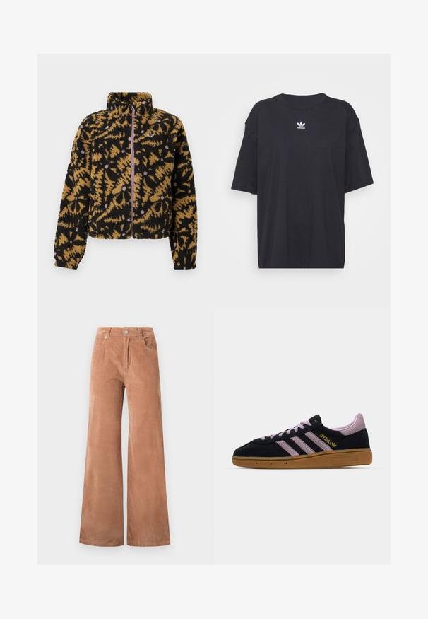 Fleece bunda s abstraktním květinovým vzorem v černé, hnědé a levandulové barvě, s plným zipem na předním díle a vysokým límcem.; Černé bavlněné tričko s krátkými rukávy a kulatým výstřihem, na hrudi má bílé logo Adidas. Jednoduchý design, uvolněný střih.; Světle hnědé široké kordové kalhoty s předním zapínáním na knoflíky a zip, poutky na opasek a předními kapsami na bílém pozadí.; Černé a růžové semišové tenisky s gumovou podrážkou, třemi růžovými pruhy, zlatým brandingem "SPEZIAL" a texturovanou gumovou podrážkou. Nízký střih.