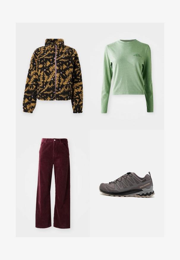 Fleece-takki musta, ruskea ja laventeli abstraktilla kukkakuviolla, täysi etuvetoketju ja korkea kaulus.; Vaaleanvihreä pitkähihainen t-paita, joka on valmistettu pehmeästä puuvillasta. Paidassa on pyöreä kaula-aukko ja pieni painettu logo vasemmalla ylhäällä.; Burgundy corduroy-housut, joissa on leveä lahjesuunnittelu, edessä taskut, nappisulkiminen ja ribatoitu pinta kauttaaltaan.; Housut harmaat ulkoilujalkineet, joissa on verkko- ja synteettinen yläosa, pehmustettu nilkkaosa ja kuvioitu pohja syvillä urilla pidon parantamiseksi. Säädettävä nauhaku süsteemi.