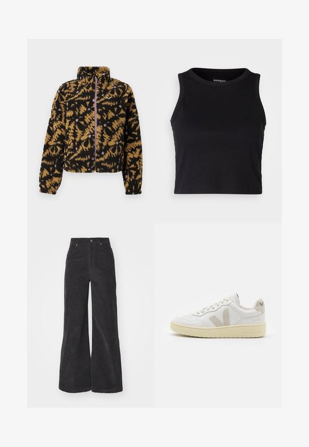 Fleecejakke med svart, brunt og lavendel abstrakt blomsterdesign, hel glidelås foran og høy krage.; Svart ribbet crop tank top med rund halslinning og ermeless design. Laget av myk, elastisk stoff med rene, kantede kanter.; Svarte kordfløyels vide bukser med høy liv, frontlommer og knapplukking. Stoffet har en myk, strukturert overflate.; Hvite lær sneakers med beige semsket detaljer, perforert tåboks, flate lisser og en teksturert kremfarget såle. Har subtil branding på hælen.
