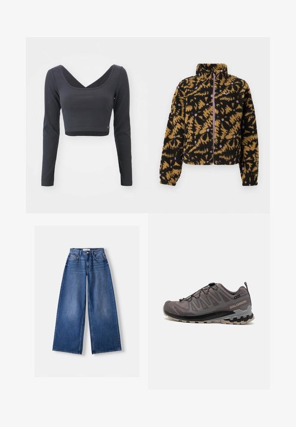 Giacca in pile con motivo floreale astratto in nero, marrone e lavanda, zip frontale completa e colletto alto.; Top cropped a maniche lunghe in maglia a coste grigia scura. Presenta una scollatura a V profonda e un colore uniforme con un piccolo logo sull'orlo.; Bershka WIDE-LEG - Wide Leg - dark blue; Scarpa da esterno grigia con tomaia in rete e sintetico, collare imbottito e suola testurizzata con scanalature profonde per una migliore aderenza. Sistema di allacciatura regolabile.