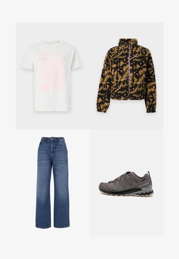 Chaqueta de forro polar con un patrón floral abstracto en negro, marrón y lavanda, cremallera frontal completa y cuello alto.; Camiseta blanca de algodón con un estampado gráfico en rosa que dice "CATCH A WAVE" y diseños abstractos en el frente. Mangas cortas, cuello redondo.; Pantalones vaqueros de pierna ancha hechos de tejido de algodón azul de peso medio. Presentan un diseño clásico de cinco bolsillos y una cremallera con cierre de botón.; Zapato exterior gris con parte superior de malla y sintético, cuello acolchado y suela texturizada con surcos profundos para tracción. Sistema de cordones ajustable.