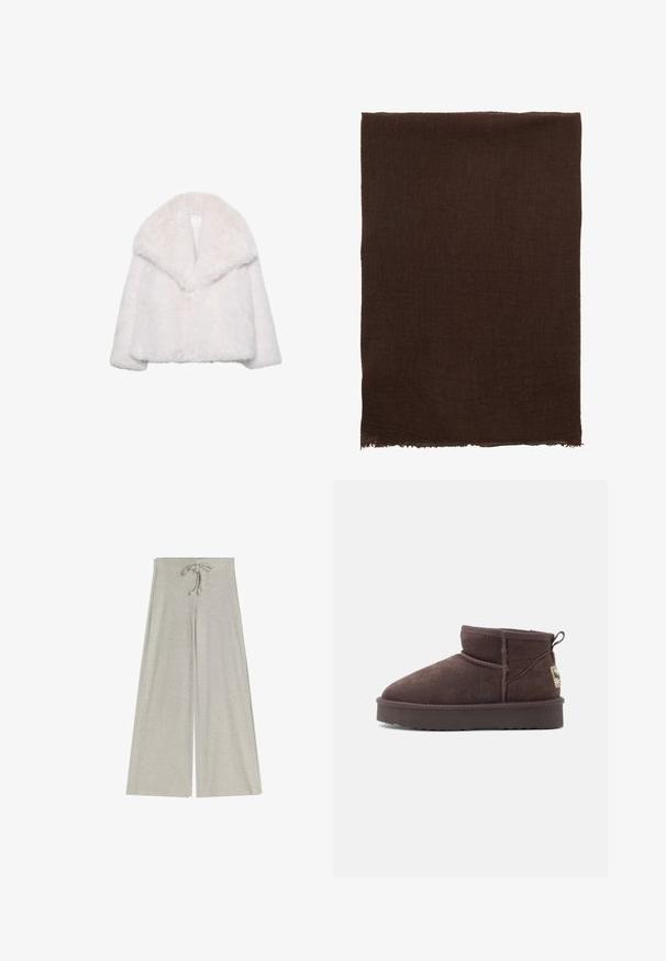 Vit fuskpälsjacka med bred krage, kort design och mjuk textur. Har en ren, odetailed insida.; Beskurad, ljusgrå stickad tröja med hög krage och ribbade manschetter, med strukturerade kablar som går längs bakstycket och sidorna.; Breda ben, ribbade byxor i ljusgrått med dragsko i midjan. Tillverkade av mjukt material, med en strukturerad yta och en flödande silhuett.; Bruna mockaanklar med rund tå, minimala sömmar och en texturerad gummisula. Har en liten dragflik bak och en logotyp.; Brun rektangulär filt gjord av texturerad tyg med fransade kanter. Enhetlig färg med ett subtilt vävmönster. Mjuk och varm känsla.; Svart mjuk läder axelväska med gyllene kedjesnodd, dragsko-sidor med gyllene pärlor och "Pepe Jeans London"-logotyp i guld.