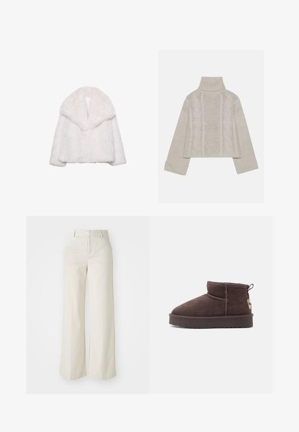 White faux fur jacket with a wide lapel collar, cropped design, and soft texture. Features a clean, unadorned interior.; Cropped, light gray knit sweater with a high collar and ribbed cuffs, featuring textured cable patterns down the back and sides.; Wide-leg trousers in a light beige color, made of a smooth fabric. Features a classic waistband and flat front with clean lines.; Brown suede ankle boot with a rounded toe, minimal seams, and a textured rubber sole. Features a small rear pull tab and brand label.