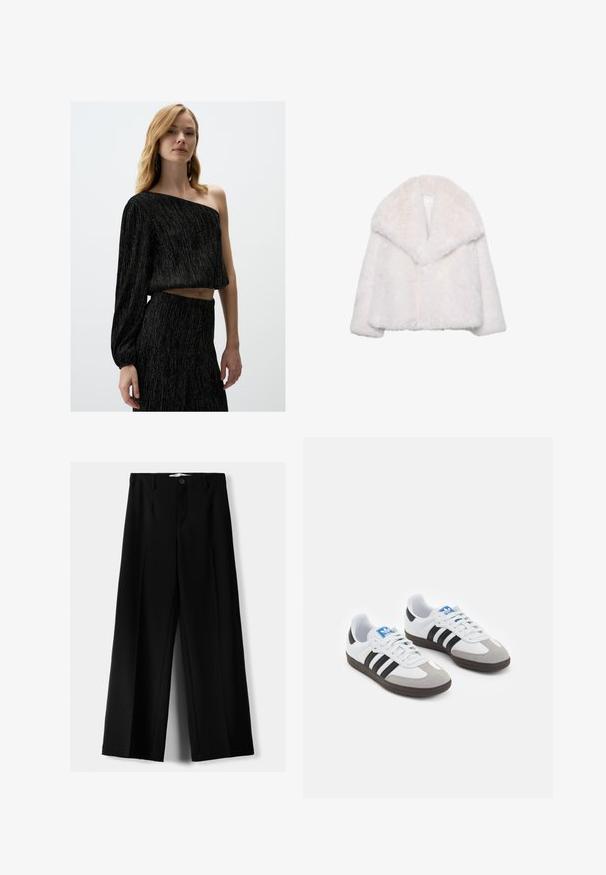 Weiße Kunstfelljacke mit breitem Reverskragen, kurzer Passform und weicher Textur. Hat ein sauberes, schmuckloses Innenfutter.; Schwarzes Crop-Top mit einem langen Ärmel, aus strukturiertem Stoff mit metallischen Fäden und lockerer Passform. Dazu ein passender schwarzer Rock.; Schwarze weite Hosen aus leichtem Stoff, mit einem Knopfverschluss vorne und flachem Bund, mit sorgfältig genähten Säumen.; Sportschuhe mit einem Obermaterial aus weißem Leder, grauer Wildleder-Zehenkappe und drei schwarzen Streifen. Sie verfügen über ein blaues Logo auf der Zunge und eine strukturierte Gummisohle.