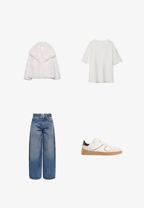 Biała kurtka z sztucznego futra z szerokim kołnierzem, skróconym fasonem i miękką fakturą. Posiada czyste, nieozdobione wnętrze.; Biała koszulka z krótkim rękawem z okrągłym dekoltem i luźnym krojem. Wykonana z gładkiego materiału bez widocznych wzorów lub akcentów.; Jeans o szerokich nogawkach w średnim niebieskim kolorze, z wysokim stanem, widocznymi stiche, pięcioma kieszeniami i zapięciem na guzik z przodu.; Stradivarius - Sneakersy niskie