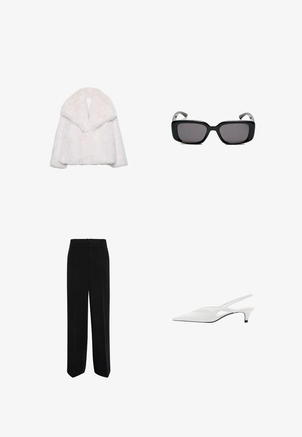 Biely kabát z umelého kožušinového materiálu so širokým golierom, skrátený strih a mäkká textúra. Má čistý, nezdobený interiér.; Biele tričko s krátkym rukávom, okrúhly výstrih, jemná bavlnená zmesová tkanina, voľný strih, bezšvový lem, minimalistický dizajn bez ozdôb.; Čierne široké nohavice vyrobené z hladkej látky, s vysokým pásom a plochým predným dizajnom bez vreciek alebo ozdôb.; Biele slingback podpätky s špicatou špičkou, s hladkým zvrškom, jemnými výrezmi a nízkym blokovým podpätkom. Čierna podrážka zvýrazňuje dizajn.; Čierne obdĺžnikové slnečné okuliare s tmavými sklami, hladkým plastovým rámom a zakrivenými stranami. Dizajn je robustný s minimalistickou estetikou.