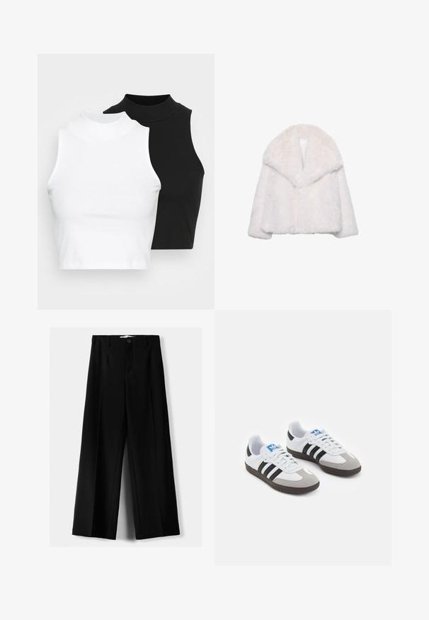 Bijela umjetna krzna jakna s širokim reverom, skraćenim dizajnom i mekim teksturom. Ima čist, neukrašen unutrašnji dio.; Dvije bezrukavne rebraste majice s visokim ovratnikom u crnoj i bijeloj boji, s prilagođenim dizajnom i glatkom teksturom, te skraćenom dužinom.; Crne široke hlače izrađene od lagane tkanine, s prednjim zatvaranjem na dugme i ravnim prednjim dijelom, sa uredno šivenim rubovima.; Sportske cipele s gornjištem od bijele kože, sivi suedinasti nos i tri crne pruge. Imaju plavi logo na jeziku i teksturiranu gumenu podlogu.