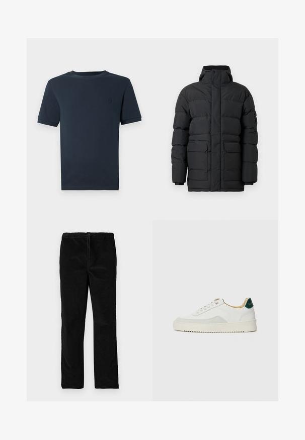 Mustu puffjakke kõrge kraega, eespoolne lukuga sulgemine ja kaks suurt esikotti. Omab tikandikujundust ja elastseid mansette.; Tume sinine puuvillane T-särk lühikeste varrukatega, ümmarguse kaelusega ja väike tekstuuriga logo vasakul rinnapiiril. Sile kangas.; Mustad sirgedega sametpüksid, millel on elastne vöökoht ja eesotsas nöör, esitatud ühevärvilise valge taustaga.; Valged tennisjalanõud, millel on sametised aktsendid, ümar varvas, lame nöörid ja kreemjas kummine põhja. Hästi nähtav roheline bränding kannal.