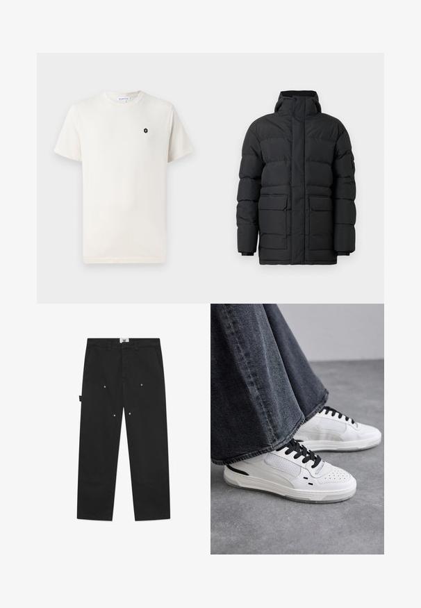 Sort dunjakke med høj krave, frontlynlås og to store frontlommer. Har en quiltet design og elastiske manchetter.; Cremefarvet bomulds t-shirt med korte ærmer, rund halsudskæring og et lille sort hexagonlogo på venstre brystområde. Glat tekstur.; Sorte bomuldsbukser har en lige pasform, markante sømme, sidelommer og metaltrykknapdetaljer på frontpanelerne.; Hvide sneakers med sorte snørebånd og mesh-detaljer. Har en glat læderoverdel og en tekstureret gummisål. Bæres sammen med brede grå jeans.
