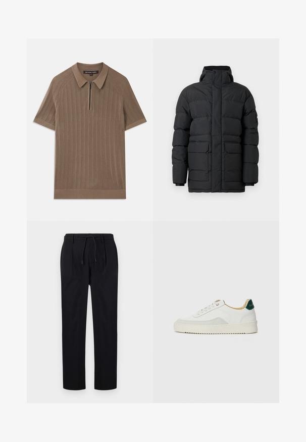 Chaqueta de plumas negra con cuello alto, cremallera frontal y dos grandes bolsillos delanteros. Presenta un diseño acolchado y puños elásticos.; Polo de manga corta de punto acanalado marrón con cuello y media cremallera frontal, etiquetado como Michael Kors, talla mediana.; Pantalones negros de tela suave, con cintura ajustable mediante cordón, piernas rectas y pliegues en la parte frontal para un look estructurado.; Zapatilla blanca con acentos de ante, puntera redondeada, cordones planos y suela de goma color crema. Presenta un logo verde en el talón.