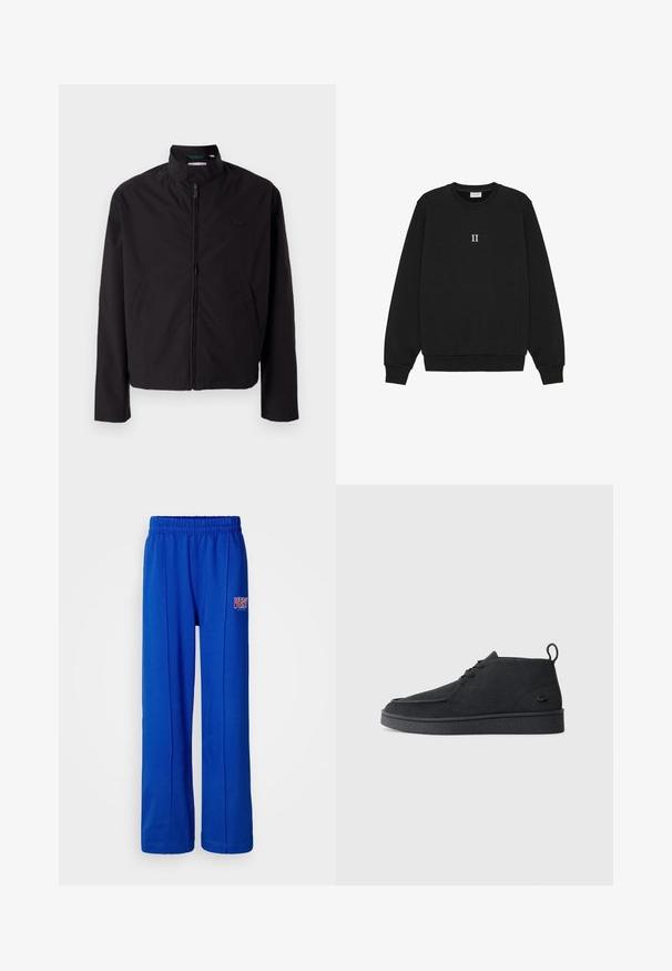 Črna lahka jakna, zadrga, dvignjen ovratnik, stranska žepa, gladka tkanina, minimalističen dizajn z logotipom na prsih.; Črna majica s kapuco iz bombaža, z okroglim izrezom in rebrastimi manšetami, s tekstom "II" vezanim v beli barvi na sprednji strani.; Svetlosivi modri elastični trenirki z ravnimi nogami in majhnim rdečim in belim logotipom "VERY" na desnem stegnu.; Črni nubuk gležnjarji z vezalkami in zanko za poteg, z teksturiranim podplatom ter majhnim embosiranim krokodilovim logotipom na strani.