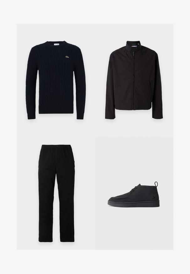 Casaco leve preto, com fecho elétrico, gola alta, bolsos laterais, tecido liso, design minimalista com logótipo em destaque no peito.; Suéter de malha azul-marinho com padrão de tranças, decote redondo, punhos e bainha canelados, e um pequeno logótipo de crocodilo verde no peito.; Calças pretas feitas de um tecido de algodão misto, com corte reto, cintura elástica com botão e sem padrões ou detalhes visíveis.; Botim de tornozelo em camurça preta, com atacadores, aba na parte traseira e sola texturizada, apresentando um pequeno logótipo de crocodilo em relevo na lateral.