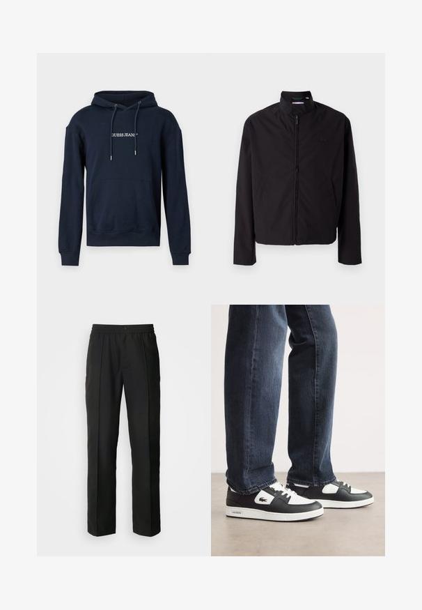Black lightweight jacket, zip closure, stand-up collar, side pockets, smooth fabric, minimalistic design with logo accent on the chest.; Navy blue hoodie made of cotton blend, featuring a kangaroo pocket, drawstring hood, and "GUESS JEANS" logo in white on the chest.; Black trousers with a straight-leg design, crafted from smooth fabric. Features an elastic waistband and a button closure.; Black and white Lacoste sneakers with a textured leather upper, featuring a lace-up design and a white rubber outsole. Worn with dark jeans.