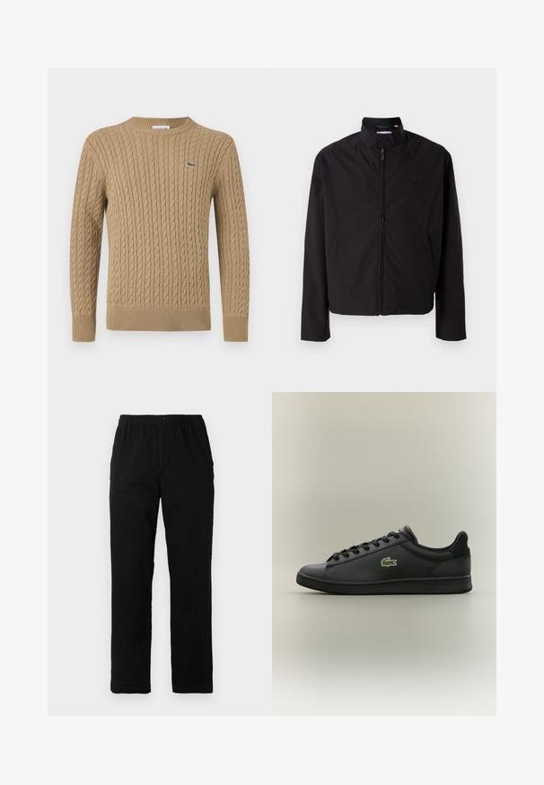 Črna lahka jakna, zadrga, dvignjen ovratnik, stranska žepa, gladka tkanina, minimalističen dizajn z logotipom na prsih.; Bež pulover iz kabelskih pletenin z okroglim izrezom, rebrastimi manšetami in robom, ki ima majhen zeleni logotip na levem prsnem delu. Mehka tekstura.; Črne hlače iz mešanice bombaža, s ravnim krojem, elastičnim pasom z gumbom in brez vidnih vzorcev ali akcentov.; Črn nizki usnjeni tekač s črnimi vezalkami, ki ima na strani zeleno krokodilovo ikono, postavljen na enotnem nevtralnem ozadju.