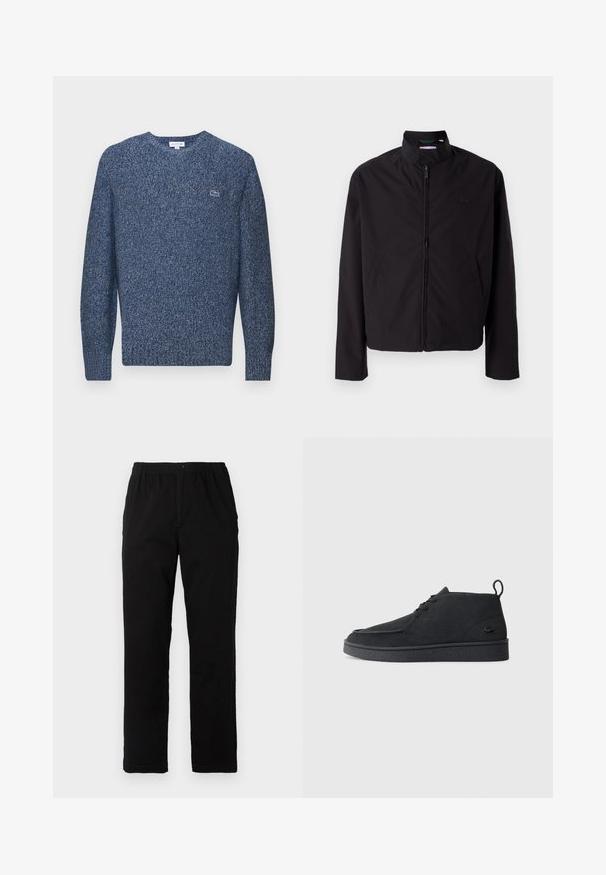 Svart lett jakke med glidelås, oppreist krage, lommer på siden, glatt stoff, minimalistisk design med logo-akkent på brystet.; Lacoste Strikkegenser - navy neps; Sorte bukser laget av bomullsblandet stoff, med rett snitt, elastisk midjebånd med knapp, og uten synlige mønstre eller detaljer.; Svart semsket snøring ankelstøvel med drageløkke og teksturert såle, med en liten preget krokodillelogo på siden.