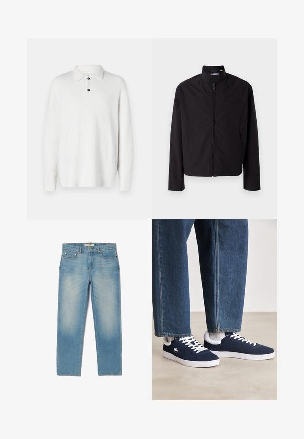Chaqueta ligera negra, cierre de cremallera, cuello alzado, bolsillos laterales, tejido suave, diseño minimalista con acento de logo en el pecho.; Suéter blanco con una tela suave y texturizada. Cuenta con un collar clásico, una tapeta de tres botones y mangas largas. Diseño sencillo, sin patrones.; Jeans de mezclilla azul claro con un diseño de pierna recta, cinco bolsillos y un lavado ligeramente desgastado. Presentan herrajes plateados y una etiqueta de marca en la cinturilla.; Zapatillas de lona azules con cordones blancos y suelas de goma, mostradas con pantalones de mezclilla y calcetines de canalé grises, sobre una superficie gris claro.