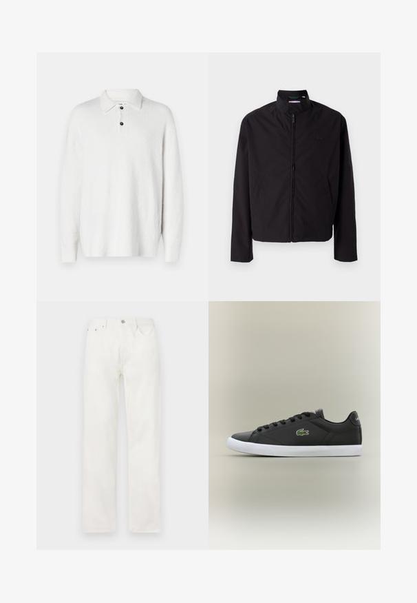 Chaqueta ligera negra, cierre de cremallera, cuello alzado, bolsillos laterales, tejido suave, diseño minimalista con acento de logo en el pecho.; Suéter blanco con una tela suave y texturizada. Cuenta con un collar clásico, una tapeta de tres botones y mangas largas. Diseño sencillo, sin patrones.; Jeans de denim blanco con pierna recta, cierre de botón y cremallera, diseño de cinco bolsillos y sin patrones o acentos visibles.; Zapatillas de cuero negro con suela de goma blanca, con un logo de cocodrilo verde y cordones redondos, diseño elegante con textura suave.