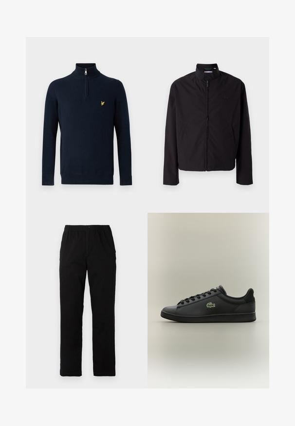 Casaco leve preto, com fecho elétrico, gola alta, bolsos laterais, tecido liso, design minimalista com logótipo em destaque no peito.; Camisola azul-marinho com colarinho de meio fecho e tecido liso; apresenta um pequeno logótipo amarelo bordado no peito.; Calças pretas feitas de um tecido de algodão misto, com corte reto, cintura elástica com botão e sem padrões ou detalhes visíveis.; Sapatilha de couro preta de cano baixo com atacadores pretos, apresentando um logótipo de crocodilo verde na lateral, colocada sobre um fundo neutro simples.